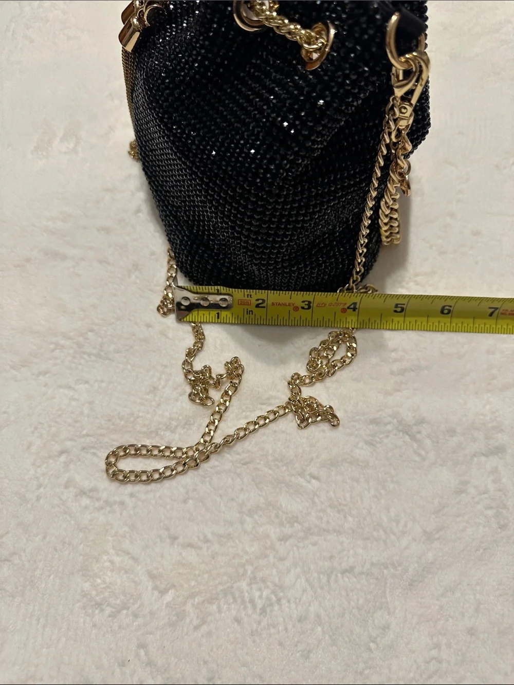 Olga Berg Black Beaded Crossbody Bucket Bag with Gold Chain & Tassels